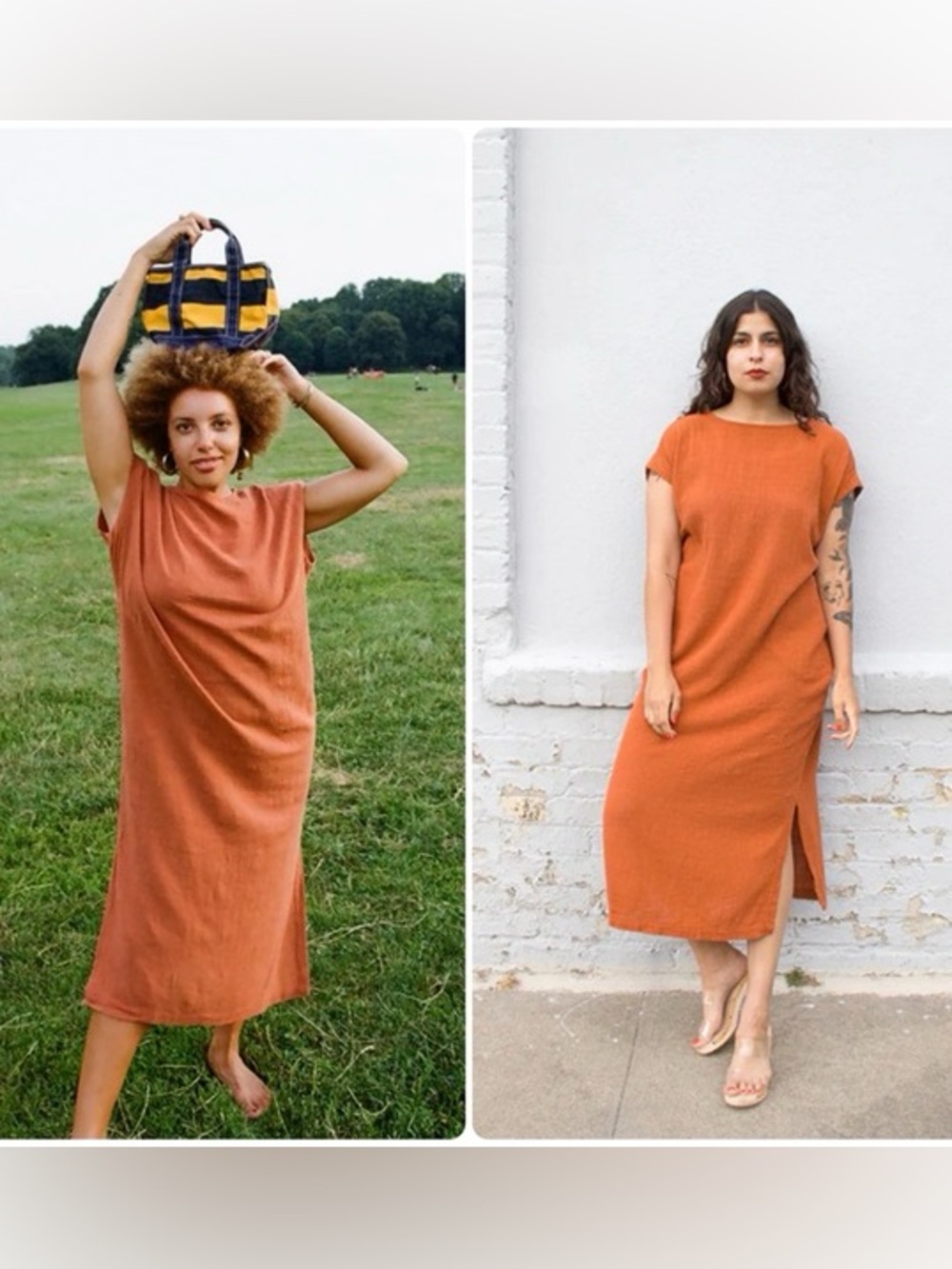 Rust Orange Midi Dress with Side Slit - Minimal Scoop Neck